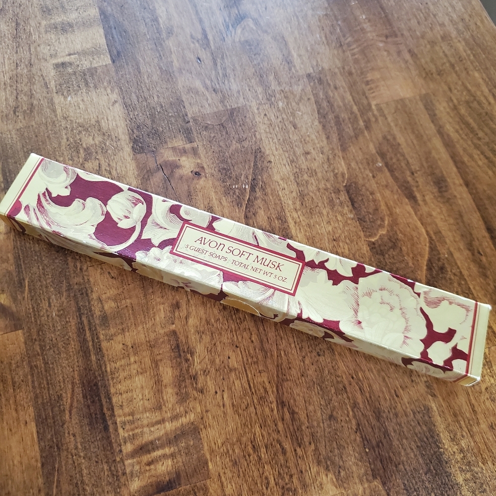Vintage Avon Soft Musk Guest Soap Set - Cream and Burgundy Floral Box